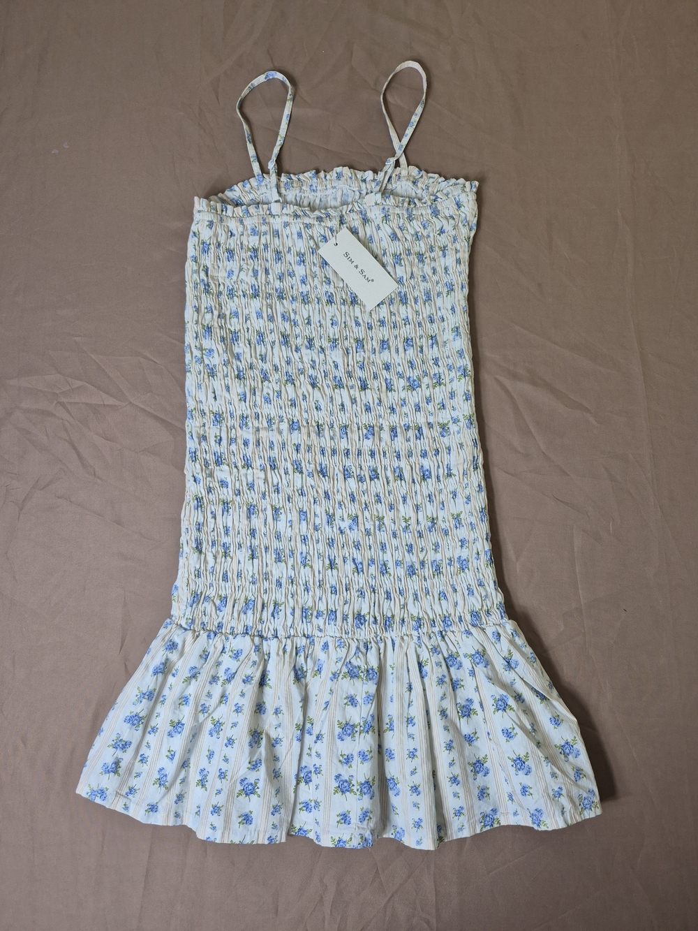 Sim & Sam Blue Floral Smocked Drop Waist Mini Dress, Small - Picture 4 of 7